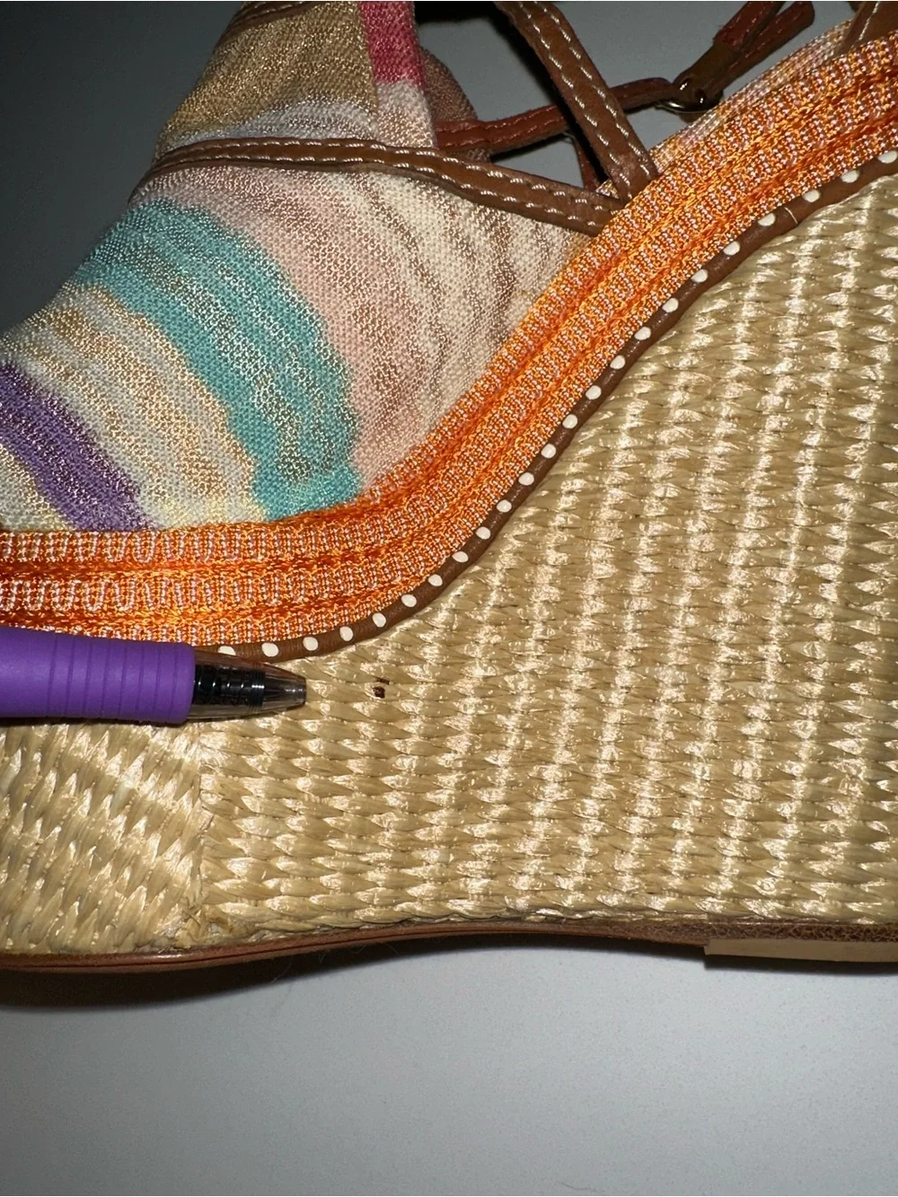 MISSONI 70s style 6” striped fabric leather raffia platform wedge boho sandals